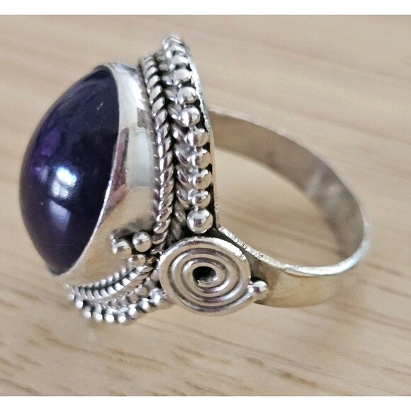 Amethyst 925 Silver Ring Size 6 Ornate Jewelry Purple Birthstone Oval - Picture 2 of 7